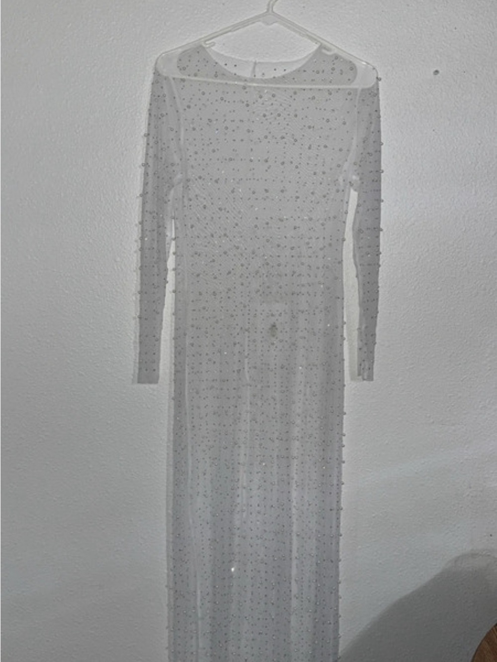 Sheer Embellished Long Sleeve Maxi Dress - White